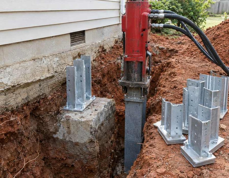 Technician inspecting and stabilizing a home foundation in Charlotte
